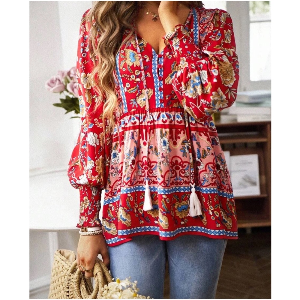 Floral Bohemian Red Blouse